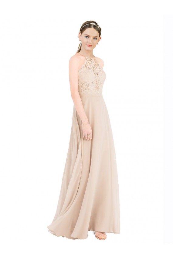 High Neck Long Soft Chiffon & Lace Champagne Sleeveless Prom Dress / Bridesmaid Dress Darwin