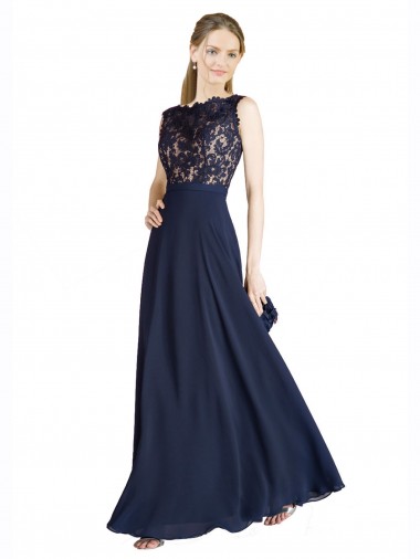 Illusion Neck Long Soft Chiffon & Lace Dark Navy Sleeveless Prom Dress / Bridesmaid Dress Darwin