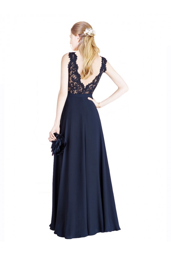 Illusion Neck Long Soft Chiffon & Lace Dark Navy Sleeveless Prom Dress / Bridesmaid Dress Darwin