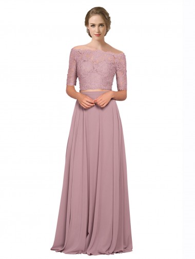 Off the Shoulder Long Soft Chiffon & Lace Short Sleeves Prom Dress / Bridesmaid Dress Darwin
