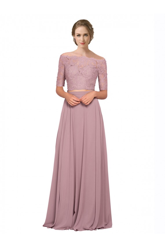 Off the Shoulder Long Soft Chiffon & Lace Short Sleeves Prom Dress / Bridesmaid Dress Darwin
