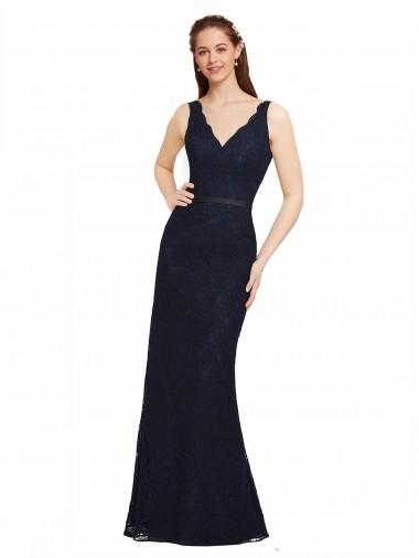 V-Neck Long Lace Dark Navy Sleeveless Bridesmaid Dress Darwin