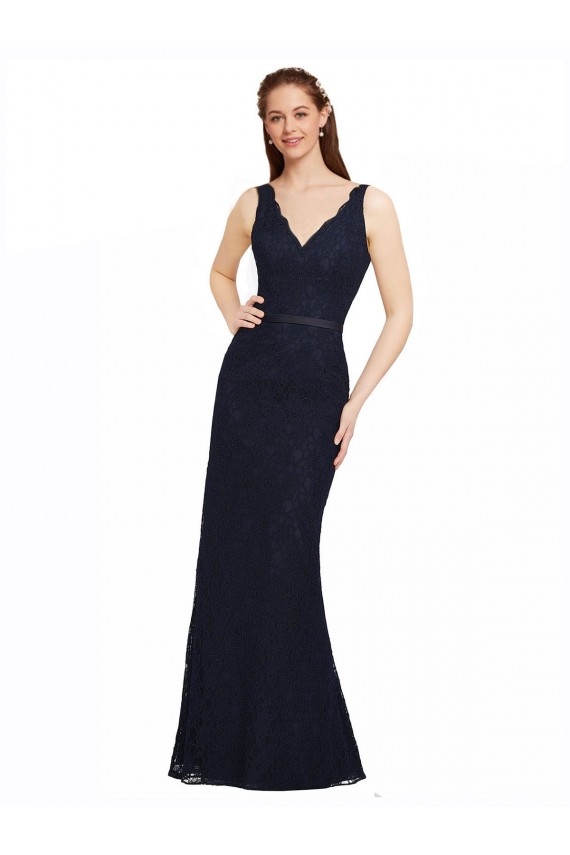 V-Neck Long Lace Dark Navy Sleeveless Bridesmaid Dress Darwin