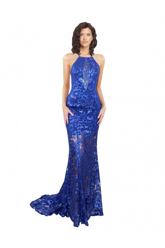 High Neck Long Lace Royal Blue Sleeveless Semi Formal Evening Dress / Prom Dress / Bridesmaid Dress Darwin
