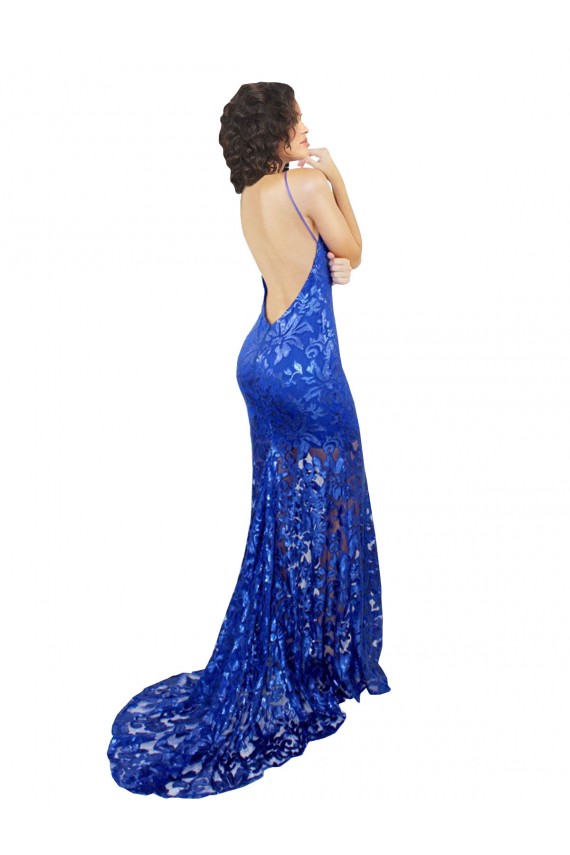 High Neck Long Lace Royal Blue Sleeveless Semi Formal Evening Dress / Prom Dress / Bridesmaid Dress Darwin