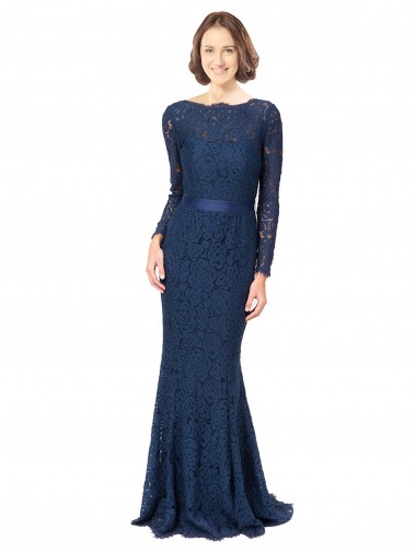Jewel Neck Sweep Train Lace Dark Navy Long Sleeves Bridesmaid Dress Darwin