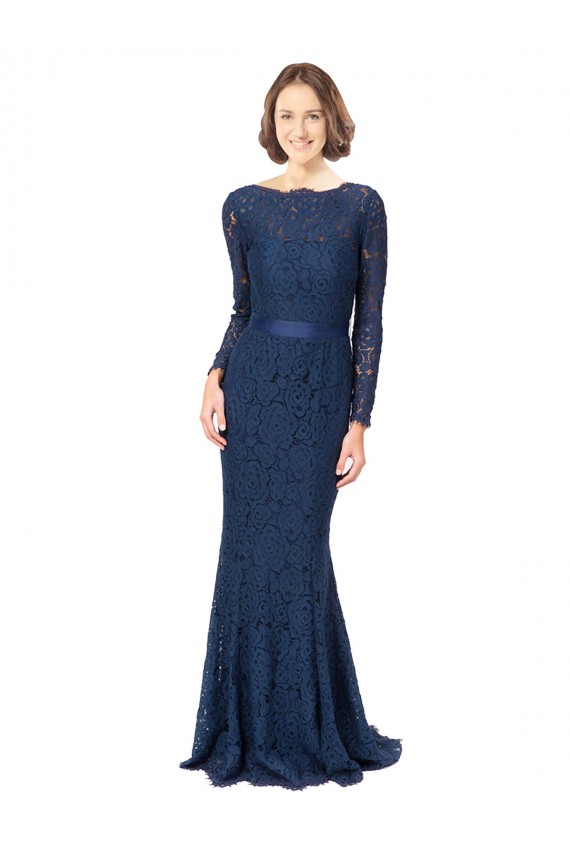 Jewel Neck Sweep Train Lace Dark Navy Long Sleeves Bridesmaid Dress Darwin