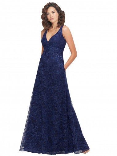 V-Neck Long Lace Dark Navy A-Line Sleeveless Bridesmaid Dress Darwin