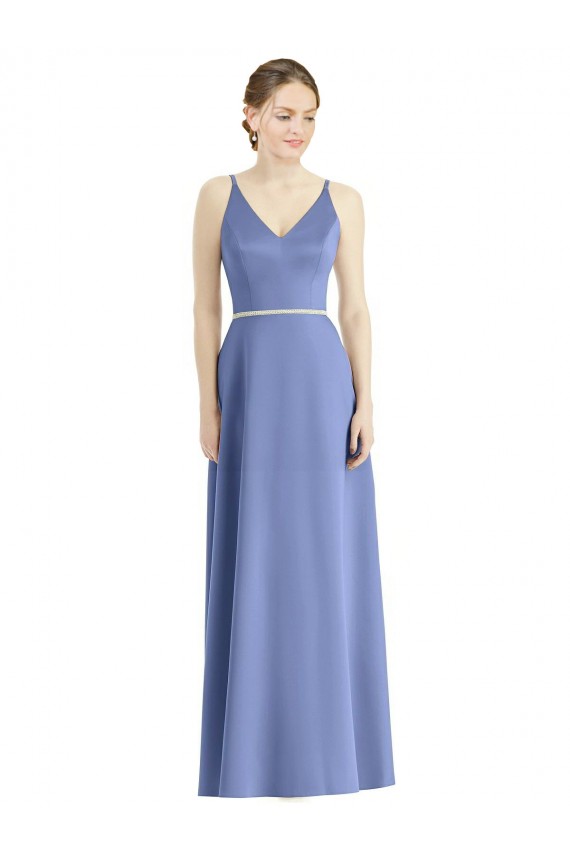 V-Neck Long Satin Periwinkle Sleeveless Bridesmaid Dress Darwin