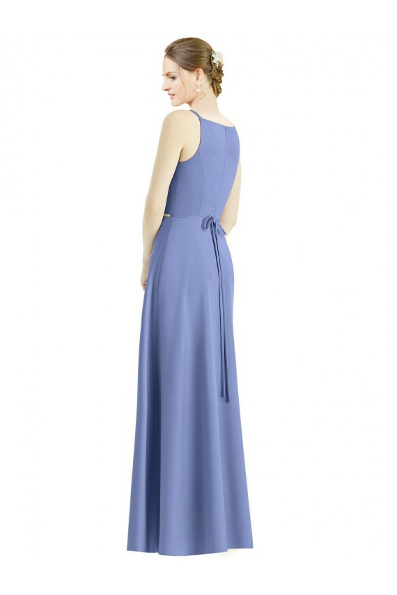 V-Neck Long Satin Periwinkle Sleeveless Bridesmaid Dress Darwin