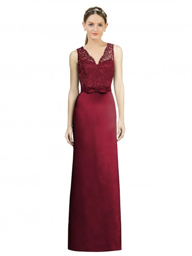 V-Neck Long Satin & Lace Burgundy Sleeveless Bridesmaid Dress Darwin