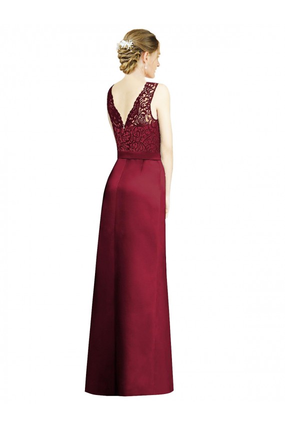 V-Neck Long Satin & Lace Burgundy Sleeveless Bridesmaid Dress Darwin