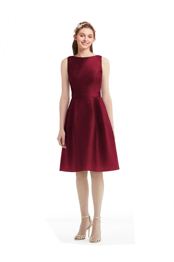 Bateau Neck Knee Length Satin Burgundy Sleeveless Bridesmaid Gown Darwin