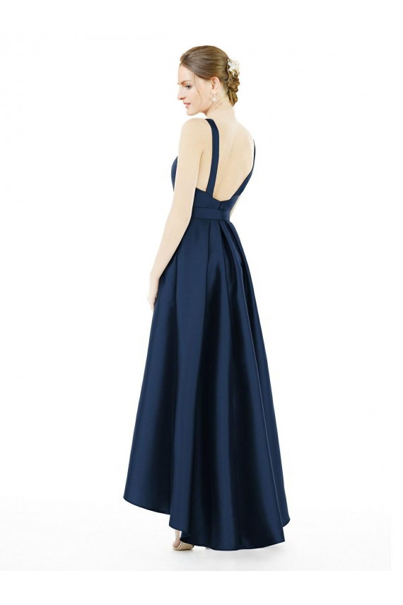 Bateau Neck Long Satin Dark Navy Sleeveless High Low Bridesmaid Dress Darwin