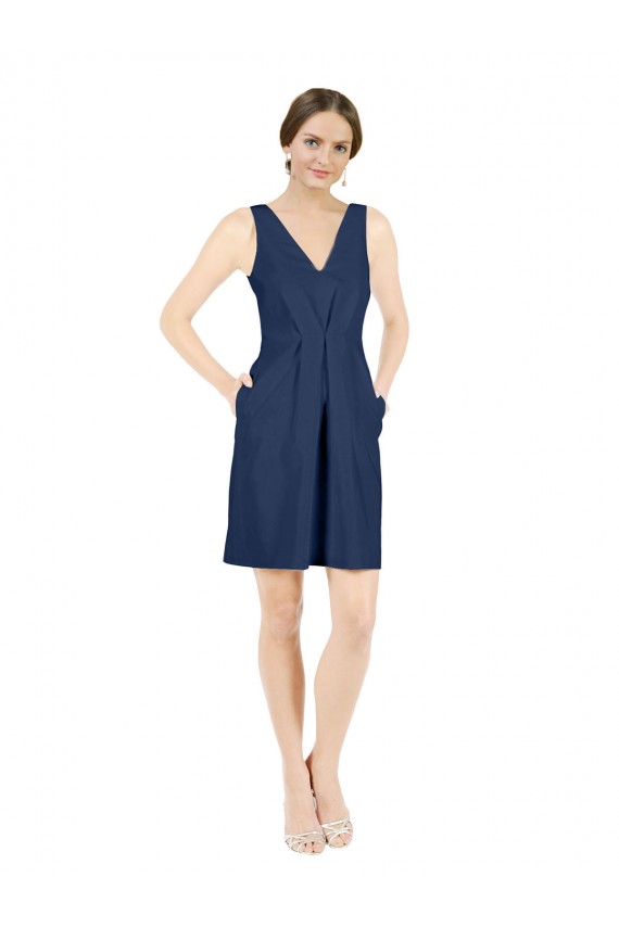V-Neck Knee Length Satin Dark Navy Sleeveless Evening Gown / Bridesmaid Dress Darwin