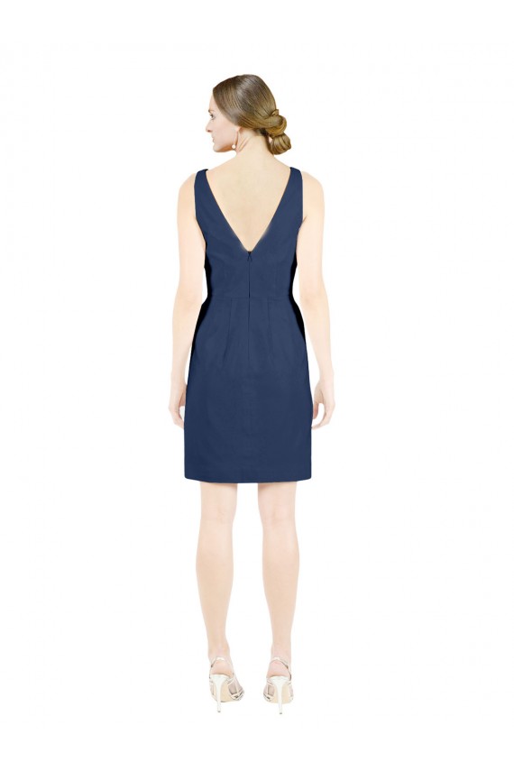 V-Neck Knee Length Satin Dark Navy Sleeveless Evening Gown / Bridesmaid Dress Darwin