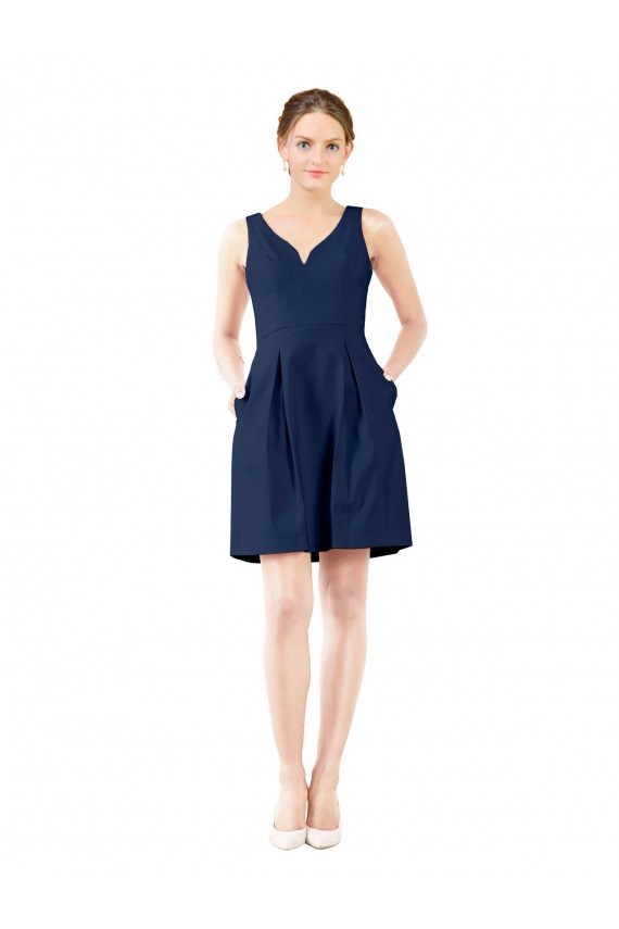 V-Neck Knee Length Satin Dark Navy Sleeveless Bridesmaid Gown Darwin