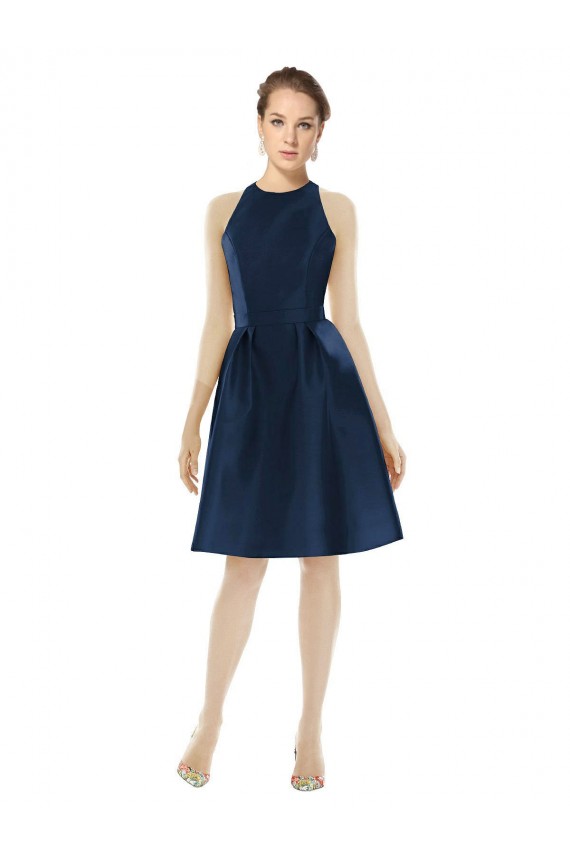 Halter Neck Cocktail Length Satin Dark Navy Sleeveless Bridesmaid Dress Darwin