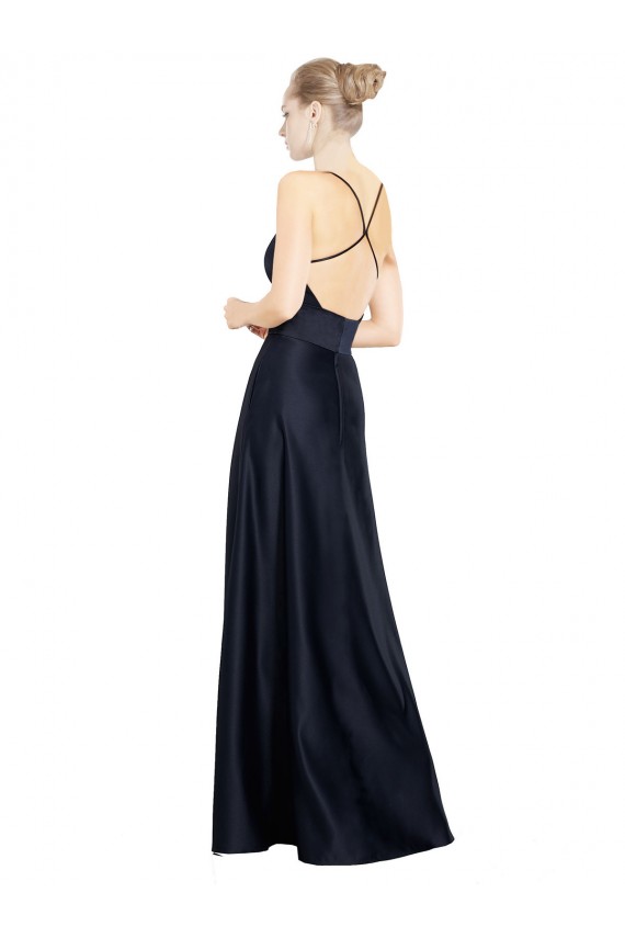 V-Neck Long Satin Dark Navy Sleeveless Prom Dress / Bridal Party Dress Darwin