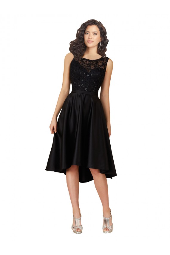 Illusion Neck Midi Length Satin & Lace Black Sleeveless High Low Bridesmaid Dress Darwin
