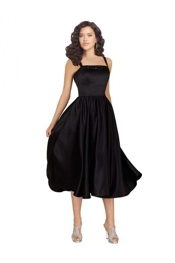 Square Neck Knee Length Satin Black Sleeveless Prom Dress / Bridesmaid Dress Darwin