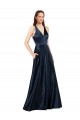 V-Neck Long Satin Dark Navy Sleeveless Formal Evening Gown / Prom Dress / Bridesmaid Dress Darwin