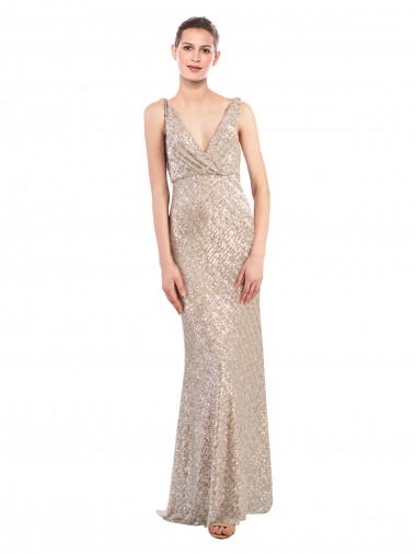 V-Neck Long Sequin & Sparkling Sequin Silver Sleeveless Formal Evening Gown / Prom Dress / Bridesmaid Dress Darwin