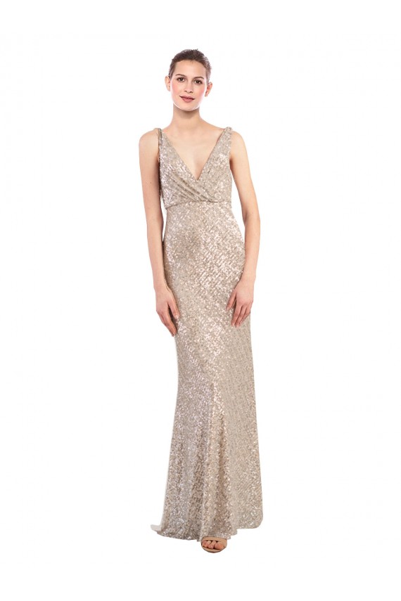 V-Neck Long Sequin & Sparkling Sequin Silver Sleeveless Formal Evening Gown / Prom Dress / Bridesmaid Dress Darwin