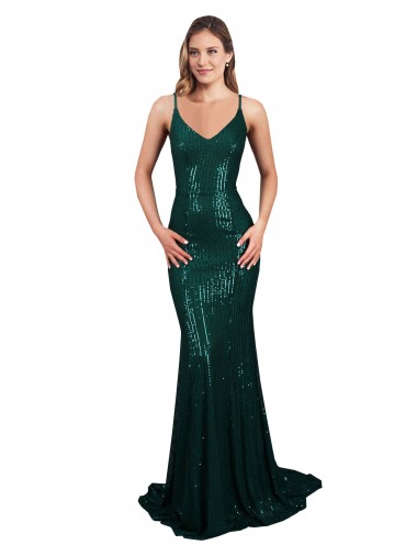 V-Neck Long Sequin Dark Green Mermaid Sleeveless Formal Evening Gown / Prom Dress / Bridesmaid Dress Darwin