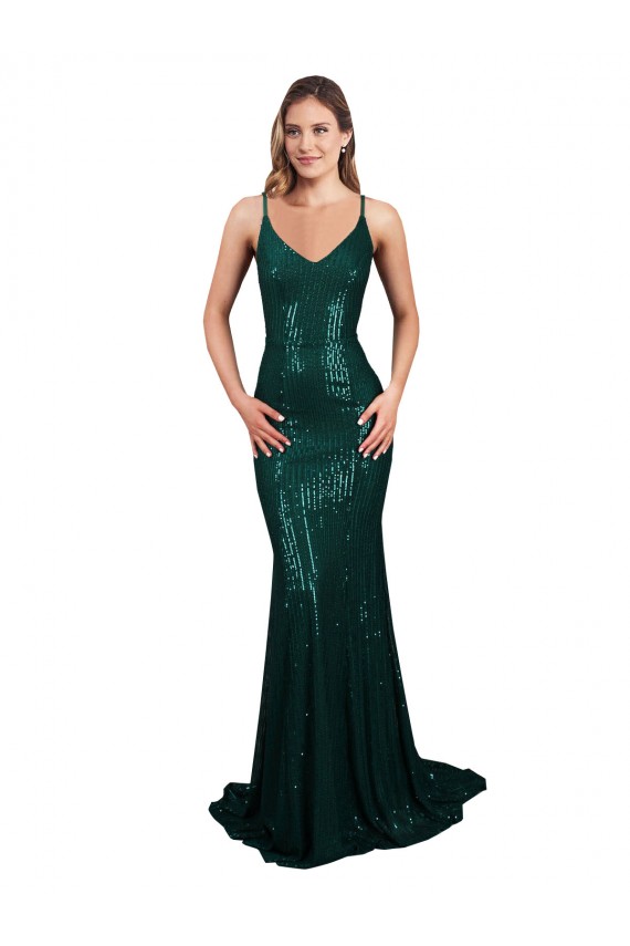 V-Neck Long Sequin Dark Green Mermaid Sleeveless Formal Evening Gown / Prom Dress / Bridesmaid Dress Darwin