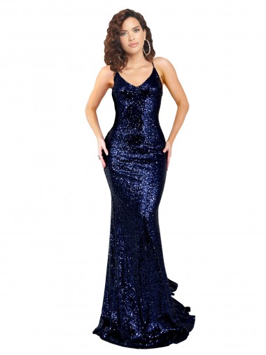 V-Neck Long Sequin Dark Navy Sleeveless Formal Evening Gown / Prom Dress / Bridesmaid Dress Darwin