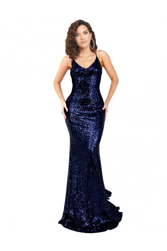 V-Neck Long Sequin Dark Navy Sleeveless Formal Evening Gown / Prom Dress / Bridesmaid Dress Darwin