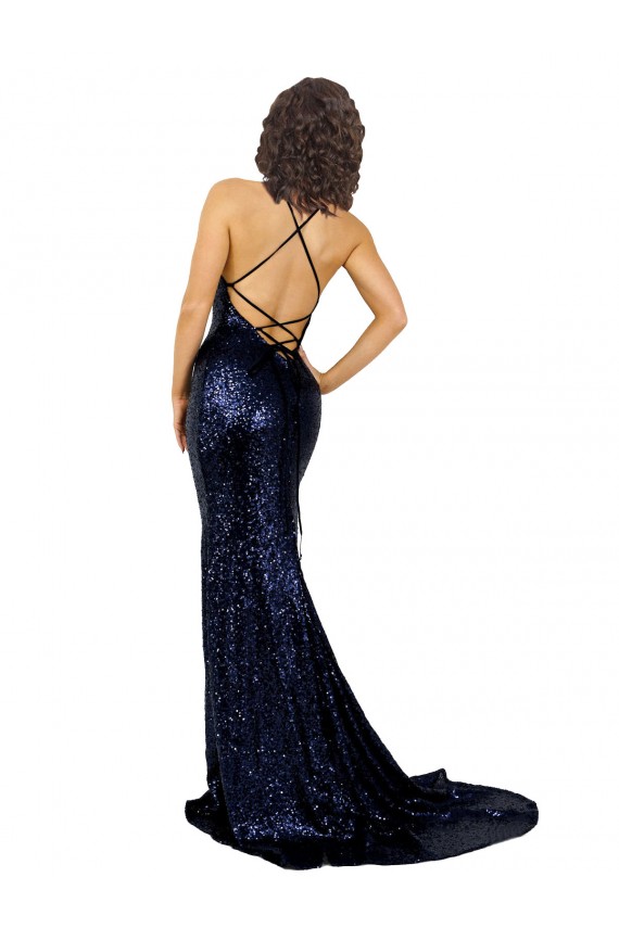 V-Neck Long Sequin Dark Navy Sleeveless Formal Evening Gown / Prom Dress / Bridesmaid Dress Darwin