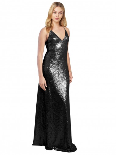 V-Neck Long Sequin Black Sleeveless Formal Evening Gown / Prom Dress / Bridesmaid Dress Darwin