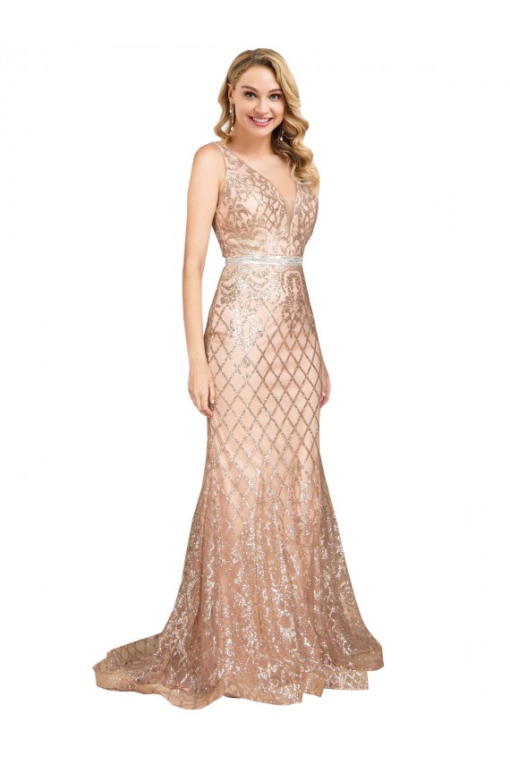 V-Neck Long Sequin & Sparkling Sequin Rose Gold Sleeveless Formal Plus Size Evening Gown / Prom Dress / Bridesmaid Dress Darwin