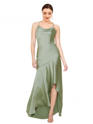 Cowl Neck Long Silk like Satin Smoke Green Sleeveless High Low Evening Gown / Prom Dress / Bridesmaid Dress Darwin