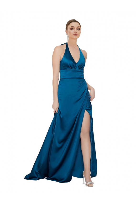 Halter Neck Long Silk like Satin Peacock Blue Sleeveless Formal Evening Gown / Prom Dress / Bridesmaid Dress Darwin