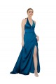 Halter Neck Long Silk like Satin Peacock Blue Sleeveless Formal Evening Gown / Prom Dress / Bridesmaid Dress Darwin