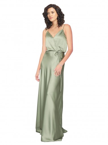 V-Neck Long Silk like Satin Smoke Green Sleeveless Formal Evening Gown / Bridesmaid Dress Darwin