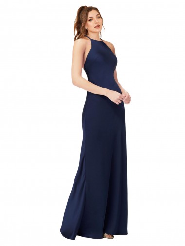 High Neck Long Silk like Satin Sapphire Sheath Sleeveless Formal Evening Gown / Prom Dress / Bridesmaid Dress Darwin