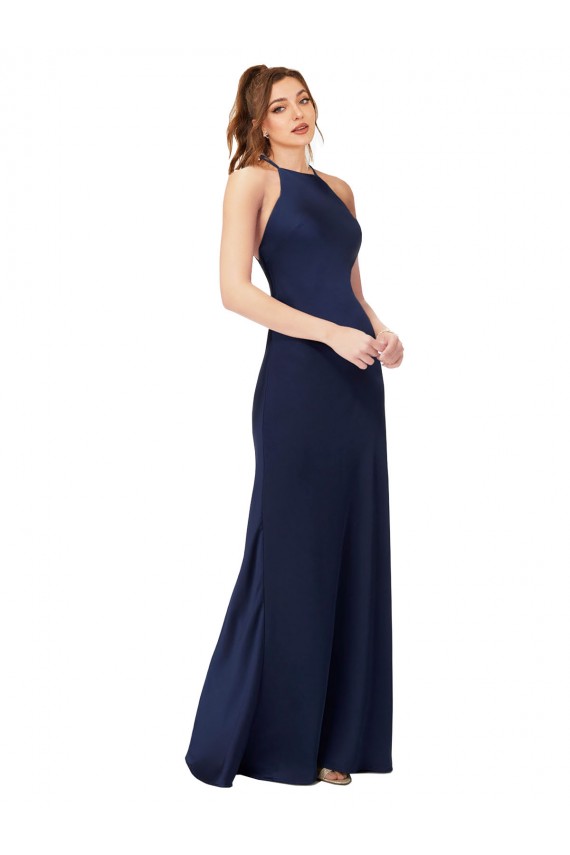 High Neck Long Silk like Satin Sapphire Sheath Sleeveless Formal Evening Gown / Prom Dress / Bridesmaid Dress Darwin