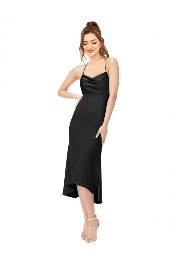Cowl Neck Midi Length Silk like Satin Black Sleeveless High Low Evening Gown / Prom Dress / Bridesmaid Dress Darwin