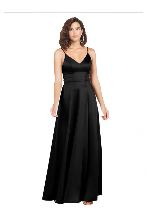 V-Neck Long Silk like Satin Black A-Line Sleeveless Formal Evening Gown / Prom Dress / Bridesmaid Dress Darwin