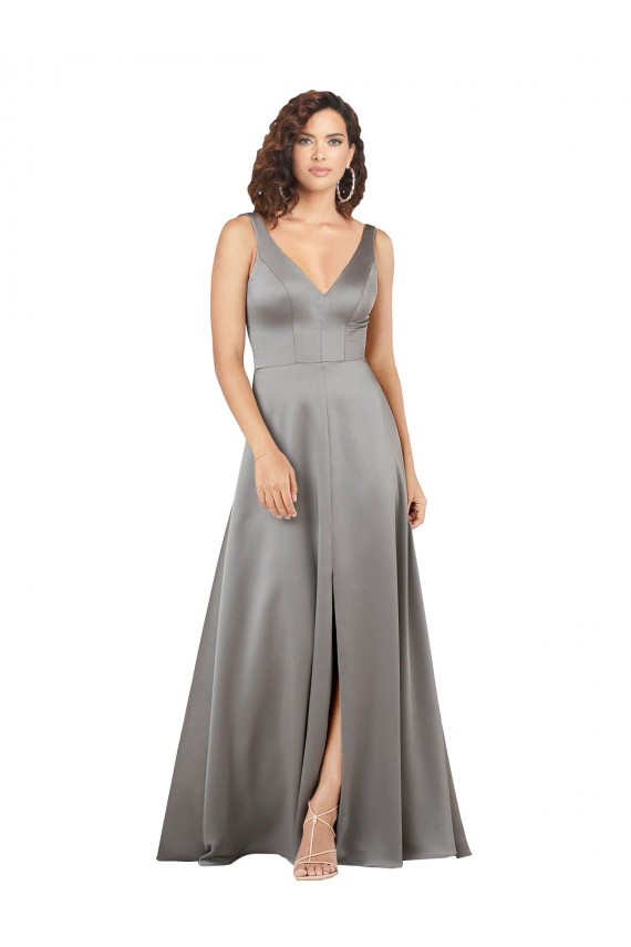 V-Neck Long Silk like Satin Pearl Grey Sleeveless Formal Evening Gown / Prom Dress / Bridesmaid Dress Darwin