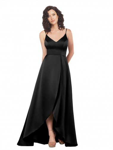 V-Neck Long Silk like Satin Black Sleeveless High Low Evening Gown / Prom Dress / Bridesmaid Dress Darwin