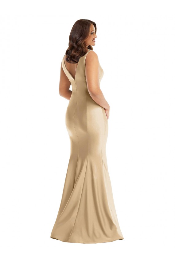 V-Neck Long Silk like Satin Soft Gold Sleeveless Formal Plus Size Evening Gown / Prom Dress / Bridesmaid Dress Darwin