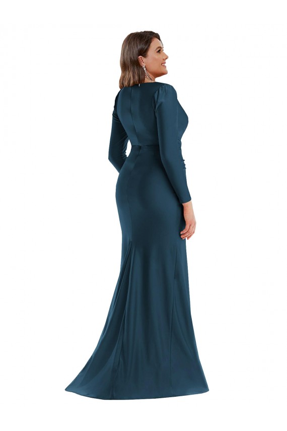 V-Neck Long Silk like Satin Atlantic Blue Long Sleeves Formal Plus Size Evening Gown / Prom Dress / Bridesmaid Dress Darwin