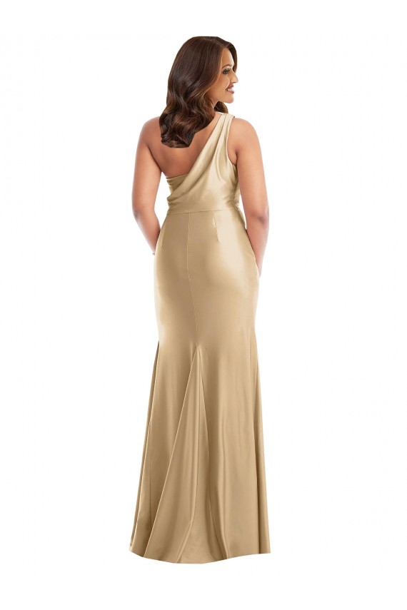 One Shoulder Long Silk like Satin Soft Gold Sleeveless Formal Plus Size Evening Gown / Prom Dress / Bridesmaid Dress Darwin