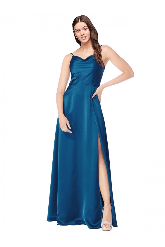 Cowl Neck Long Silk like Satin Peacock Blue Sleeveless Formal Evening Gown / Prom Dress / Bridesmaid Dress Darwin