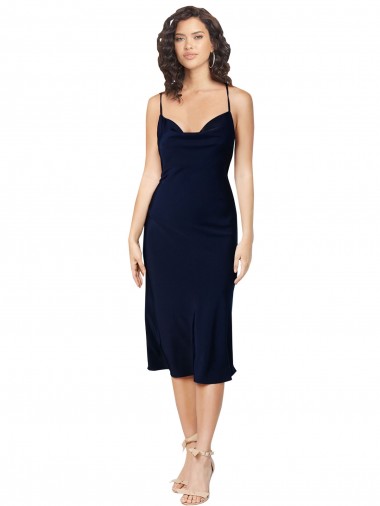 Cowl Neck Midi Length Silk like Satin Dark Navy Sleeveless Formal Evening Gown / Prom Dress / Bridesmaid Dress Darwin